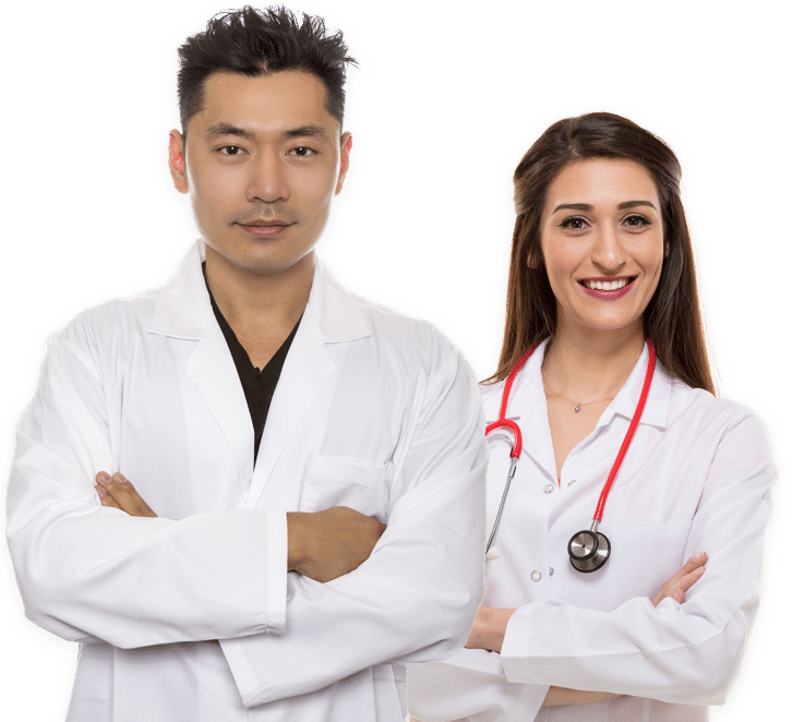 A young man and woman with medical jackets on.