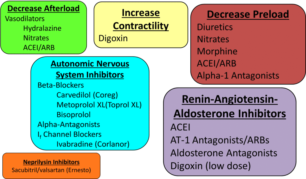 An outline of medicines used to treat systolic heart failure with a brief description of where they work in the heart failure cycle